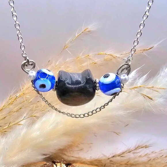 Nature Silver Obsidian Cat & Evil Eye Pendant Necklace - Picture 7 of 10